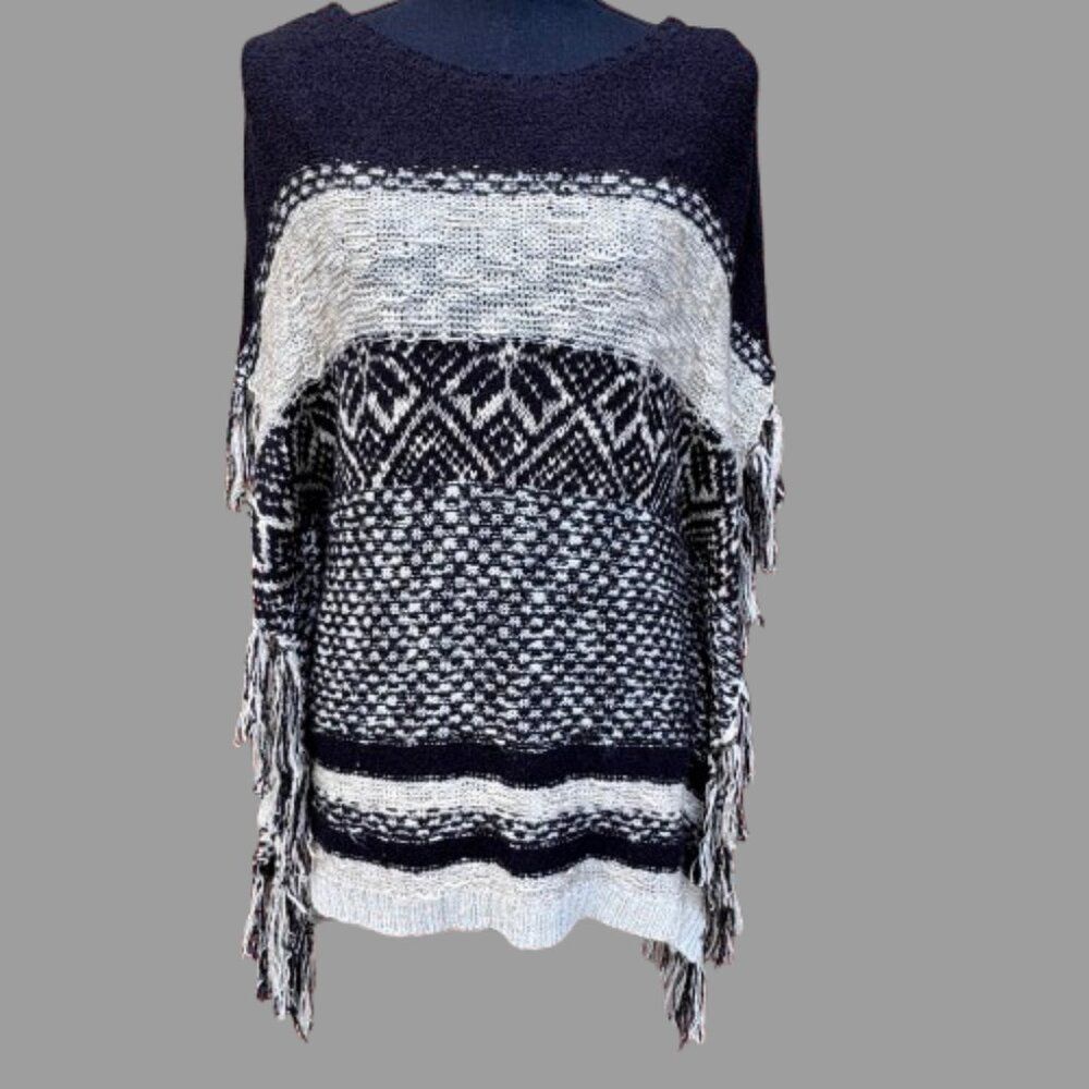 New Directions Fringed Poncho Sweater Small Black Cream Stripe Boho
